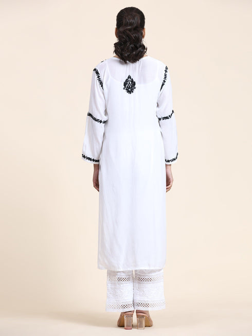 Nishtha in Noor HOK Muslin Chikankari kurti for Women- White With Black